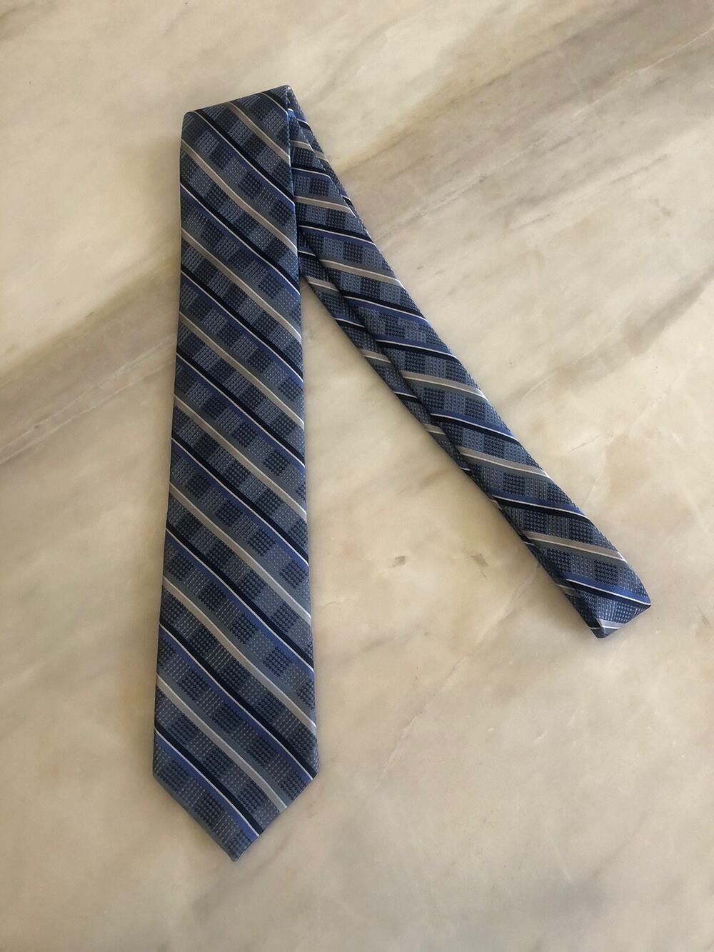 Mens Bruno Piattelli Blue Silver Pure Silk Striped Tie Hand Made Extra Long